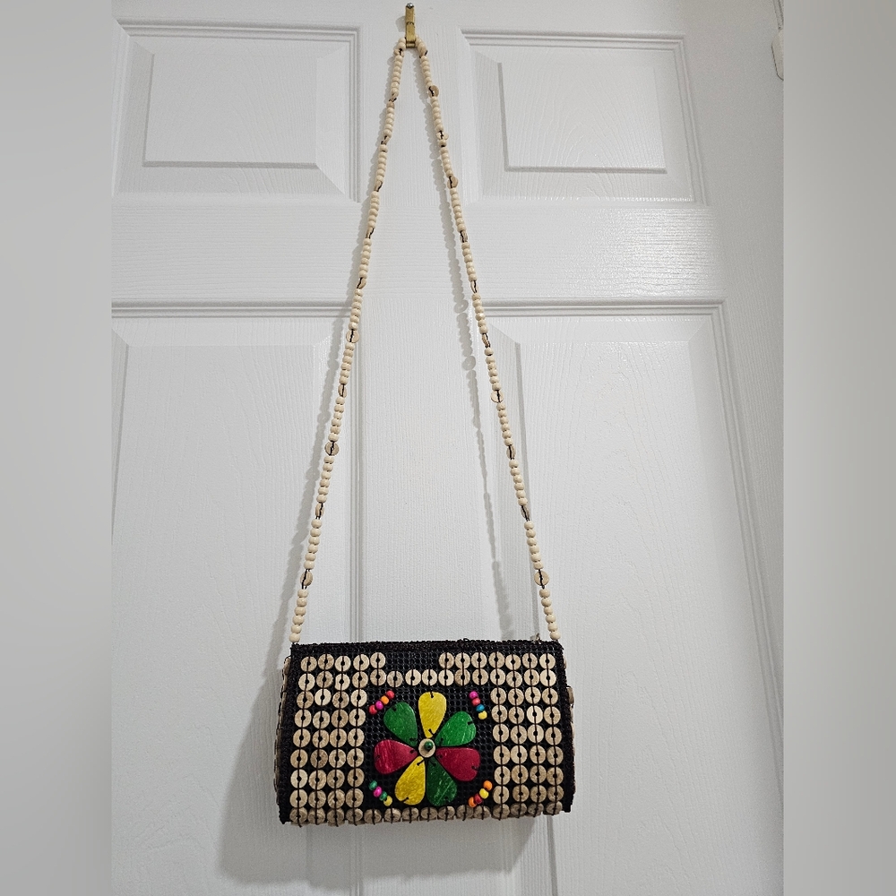 Handcrafted Beaded Flower Crossbody Bag in Natural and Multicolor - Picture 10 of 10